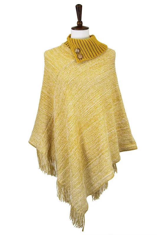Knitted Fold Over Button Collar Poncho