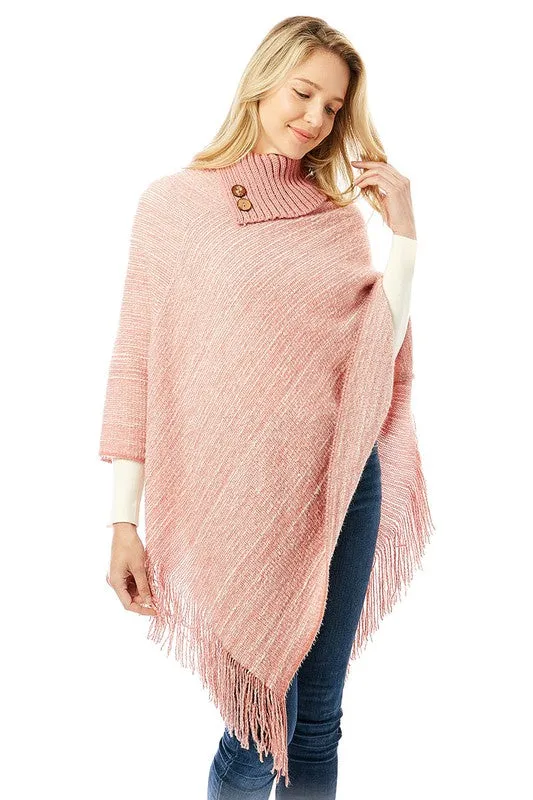 Knitted Fold Over Button Collar Poncho
