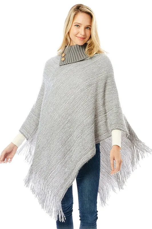 Knitted Fold Over Button Collar Poncho