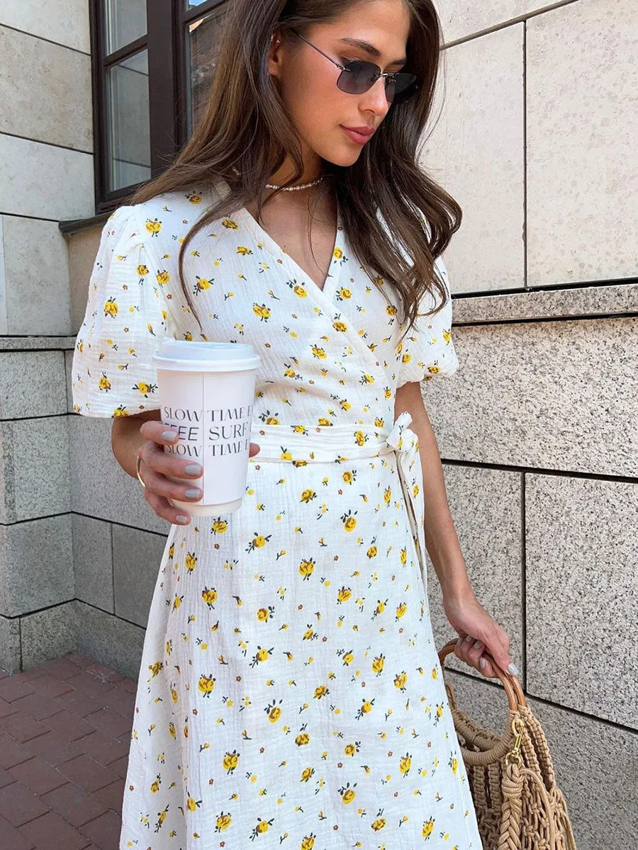 Laura V-Neck Printed Lace-Up Maxi Dress
