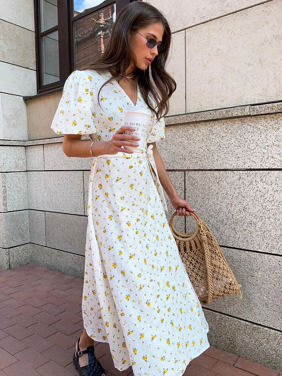 Laura V-Neck Printed Lace-Up Maxi Dress
