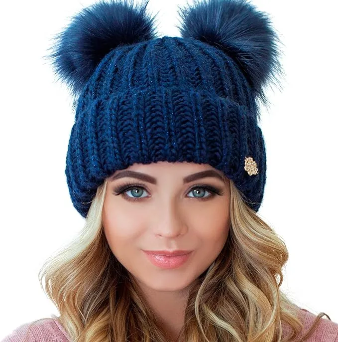 Light Beige Cable Knit Winter Warm Women's Fur Pom Pom Hat