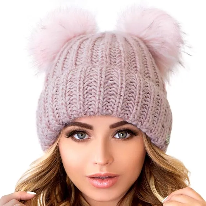 Light Beige Cable Knit Winter Warm Women's Fur Pom Pom Hat