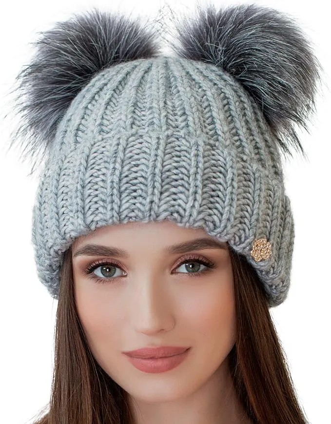 Light Beige Cable Knit Winter Warm Women's Fur Pom Pom Hat