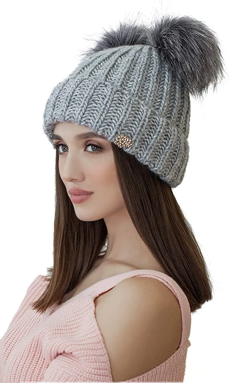 Light Beige Cable Knit Winter Warm Women's Fur Pom Pom Hat