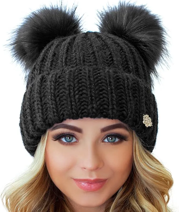 Light Beige Cable Knit Winter Warm Women's Fur Pom Pom Hat