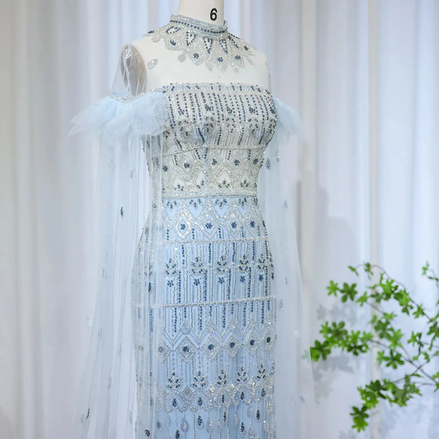 Light Blue Mermaid Evening Gown with Cape Sleeves