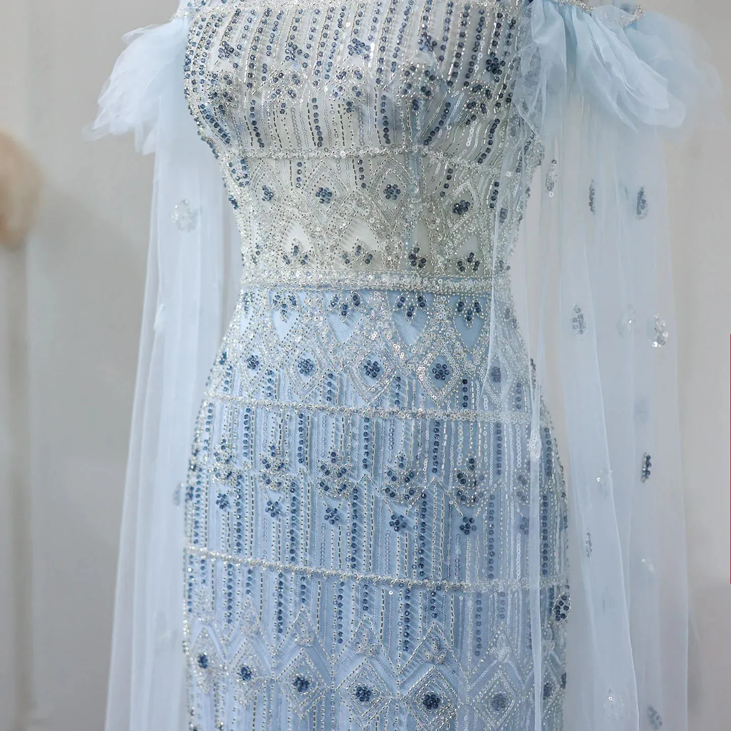 Light Blue Mermaid Evening Gown with Cape Sleeves