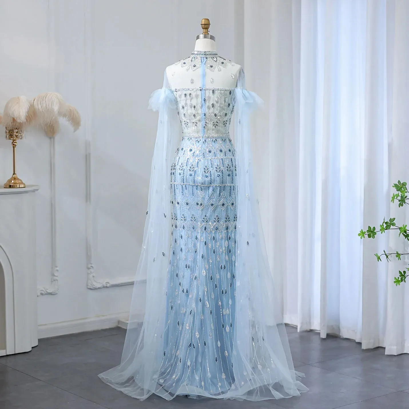 Light Blue Mermaid Evening Gown with Cape Sleeves