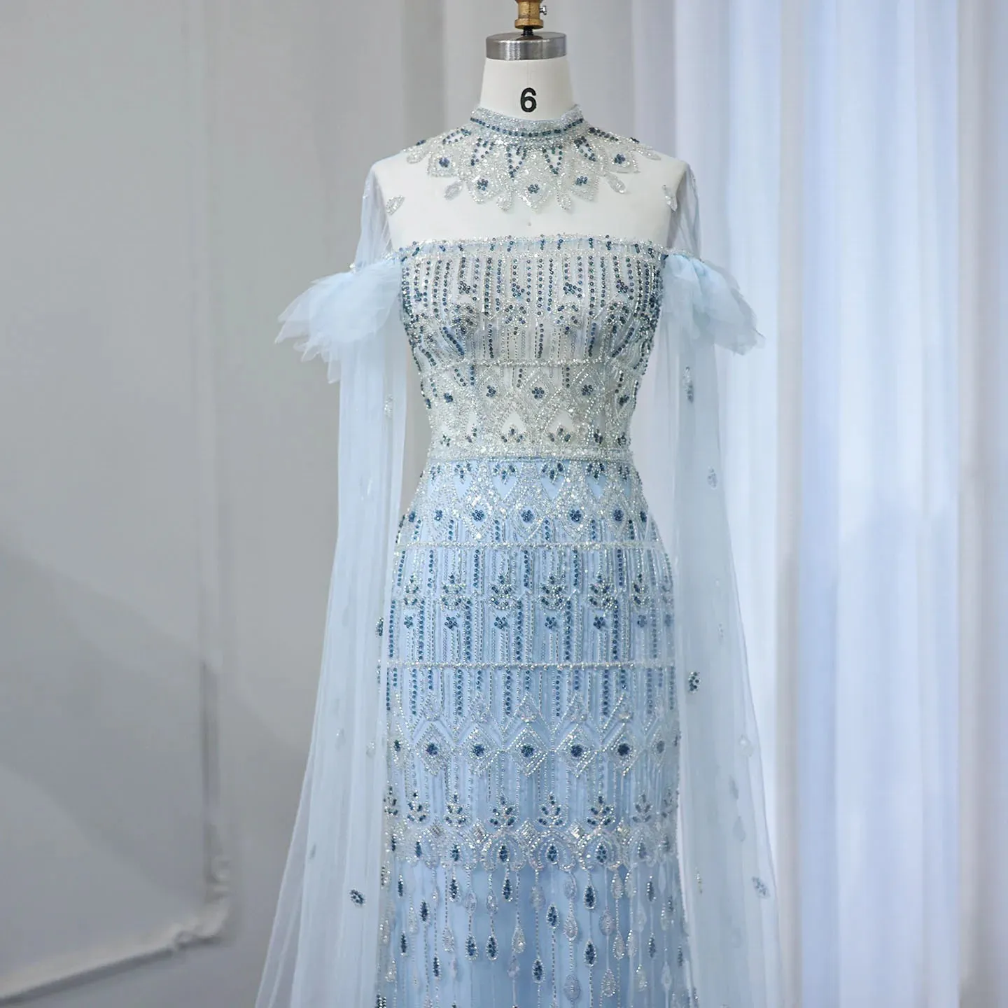 Light Blue Mermaid Evening Gown with Cape Sleeves