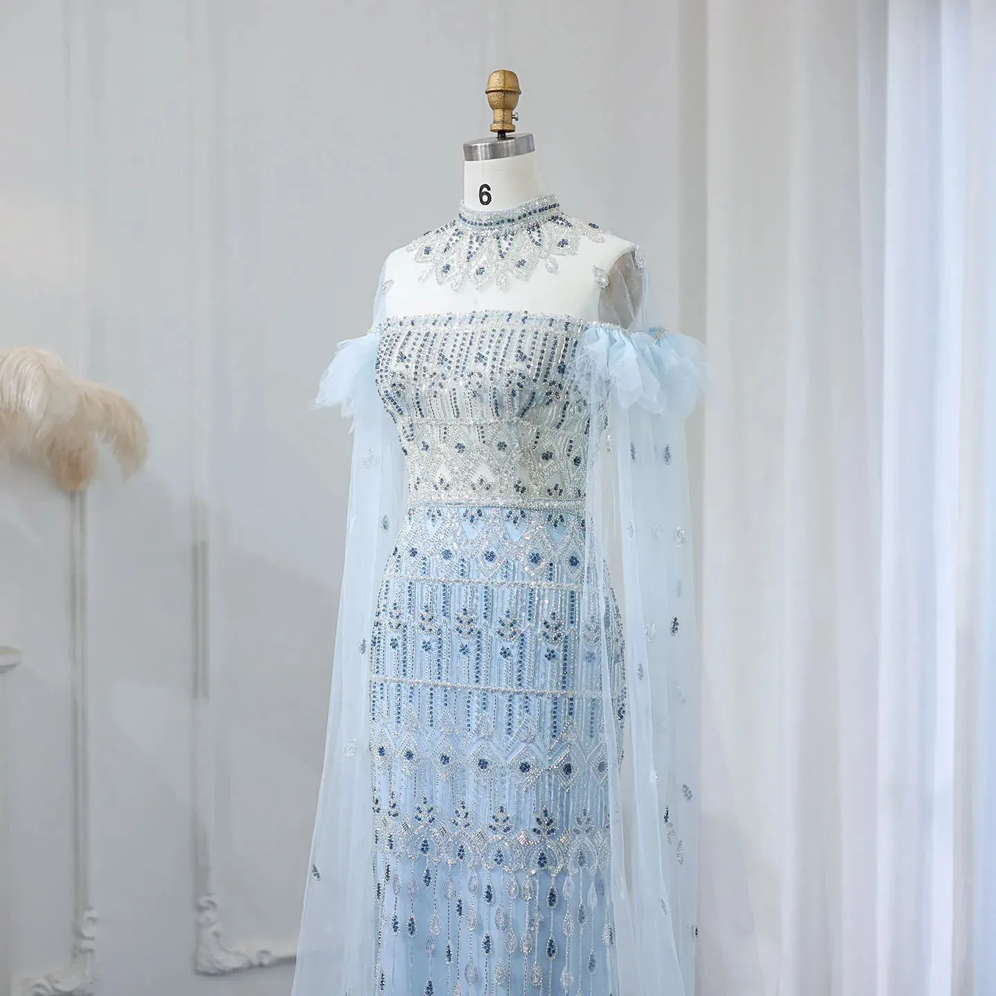 Light Blue Mermaid Evening Gown with Cape Sleeves