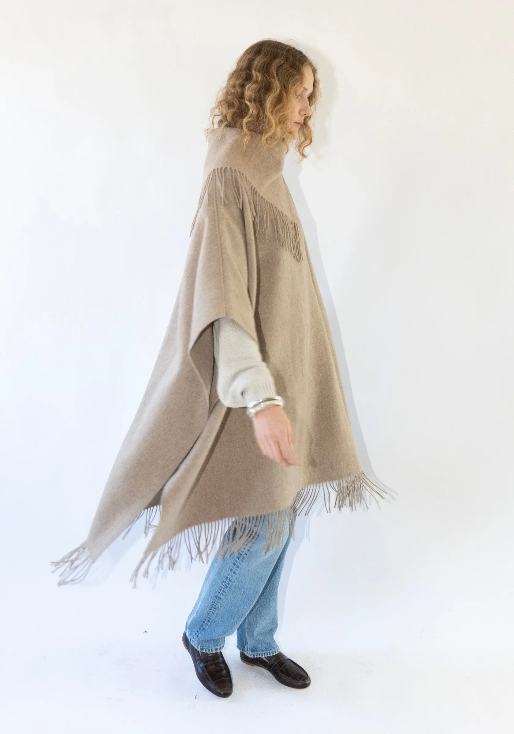 Long Turtlo Fringe Poncho in Grey/Brown Milange