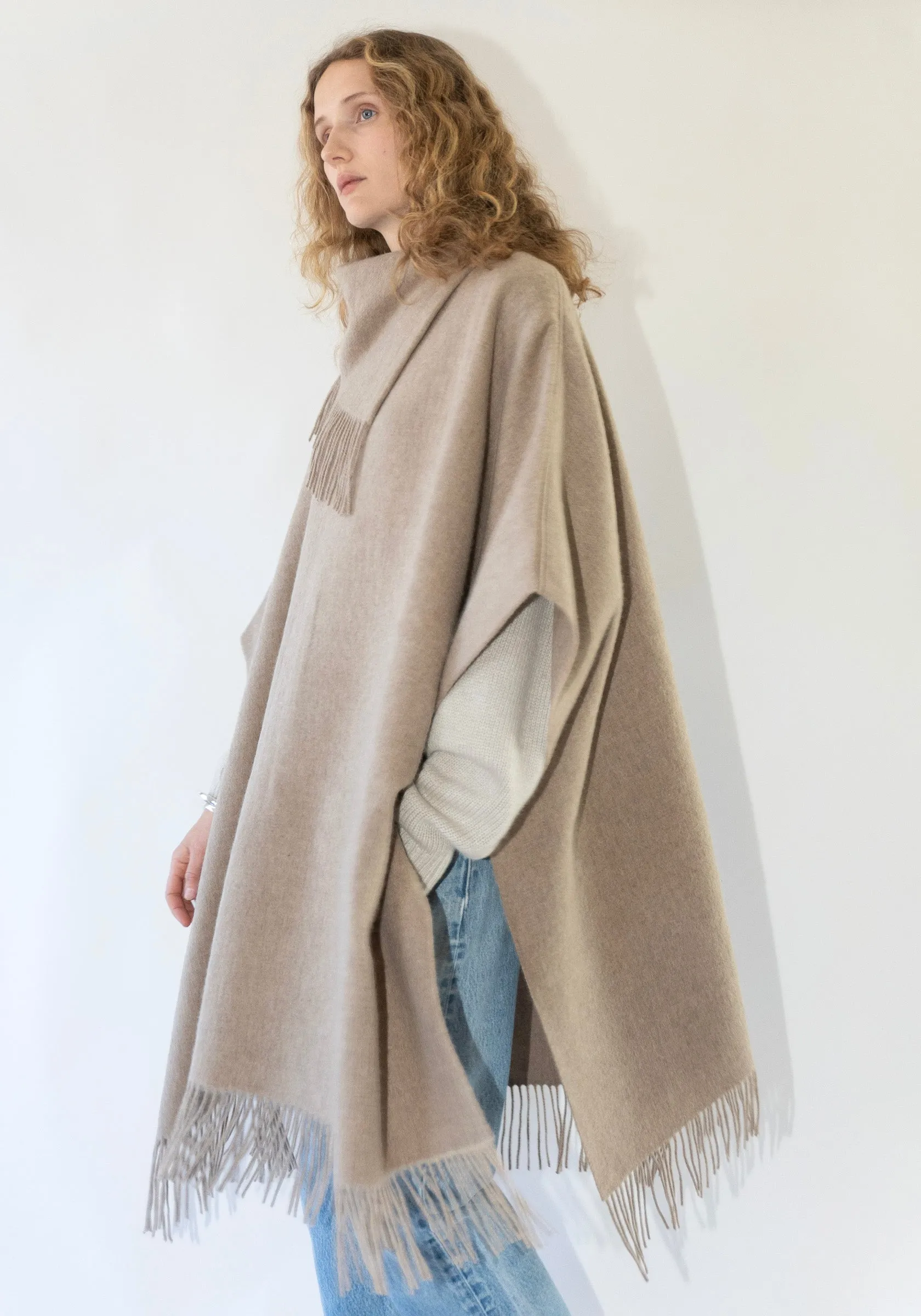 Long Turtlo Fringe Poncho in Grey/Brown Milange