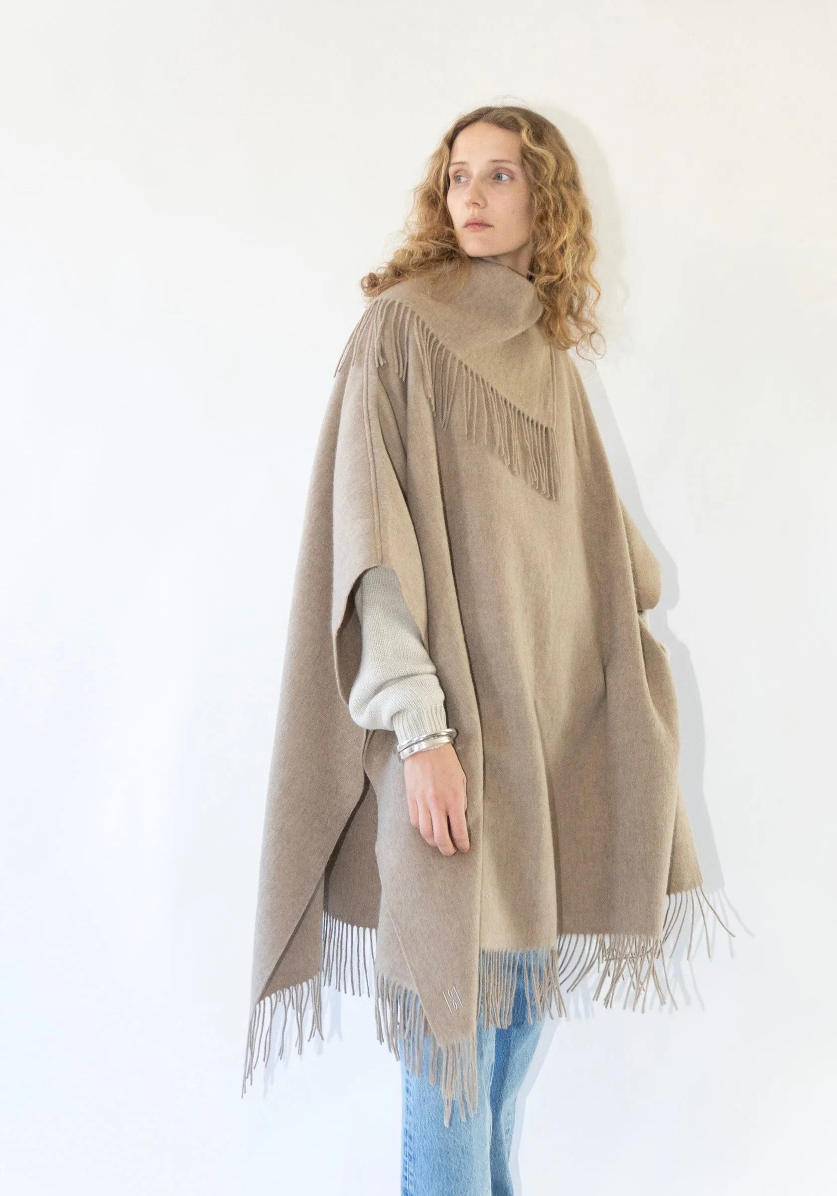 Long Turtlo Fringe Poncho in Grey/Brown Milange
