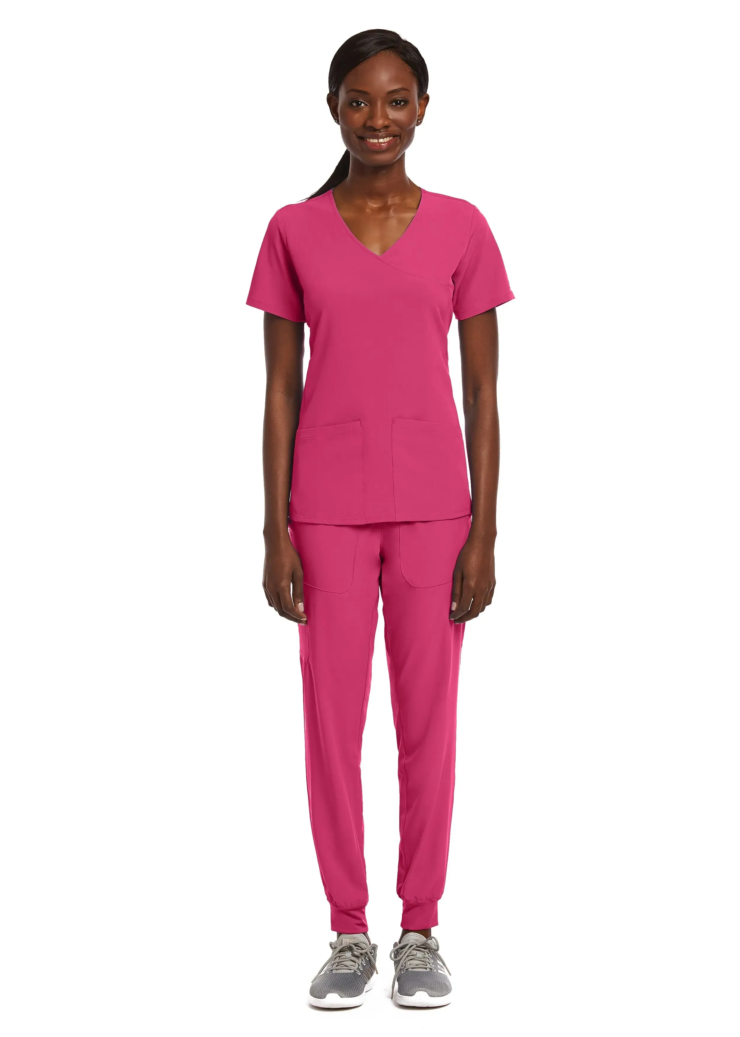 Maevn Knit Panel Mock Wrap Scrub Top