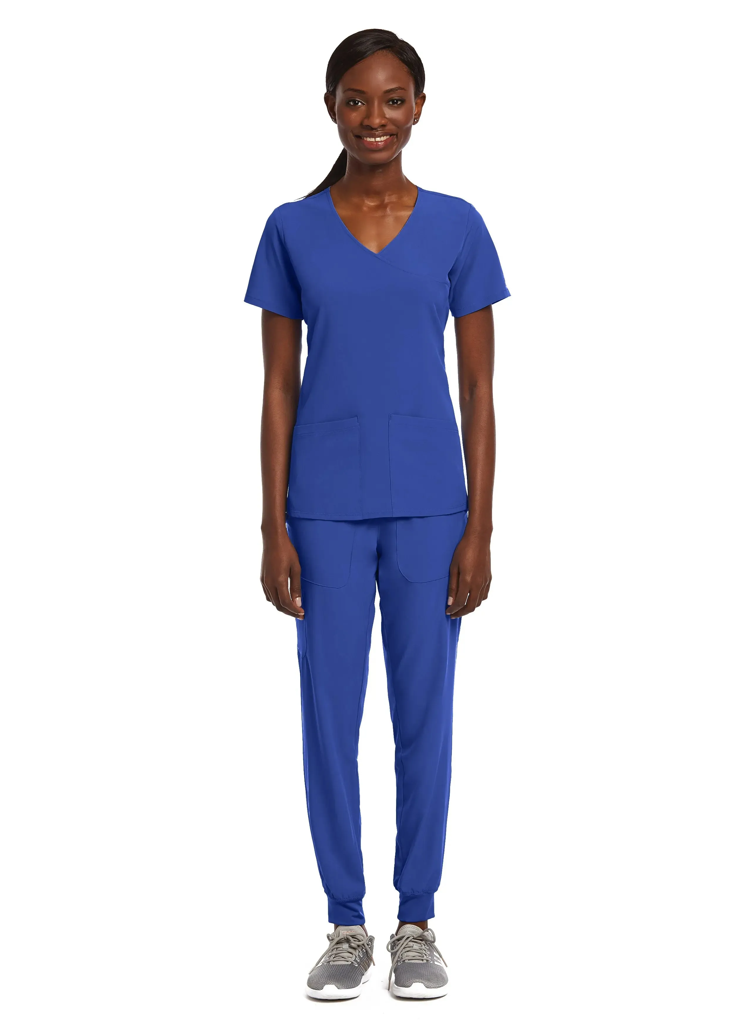 Maevn Knit Panel Mock Wrap Scrub Top