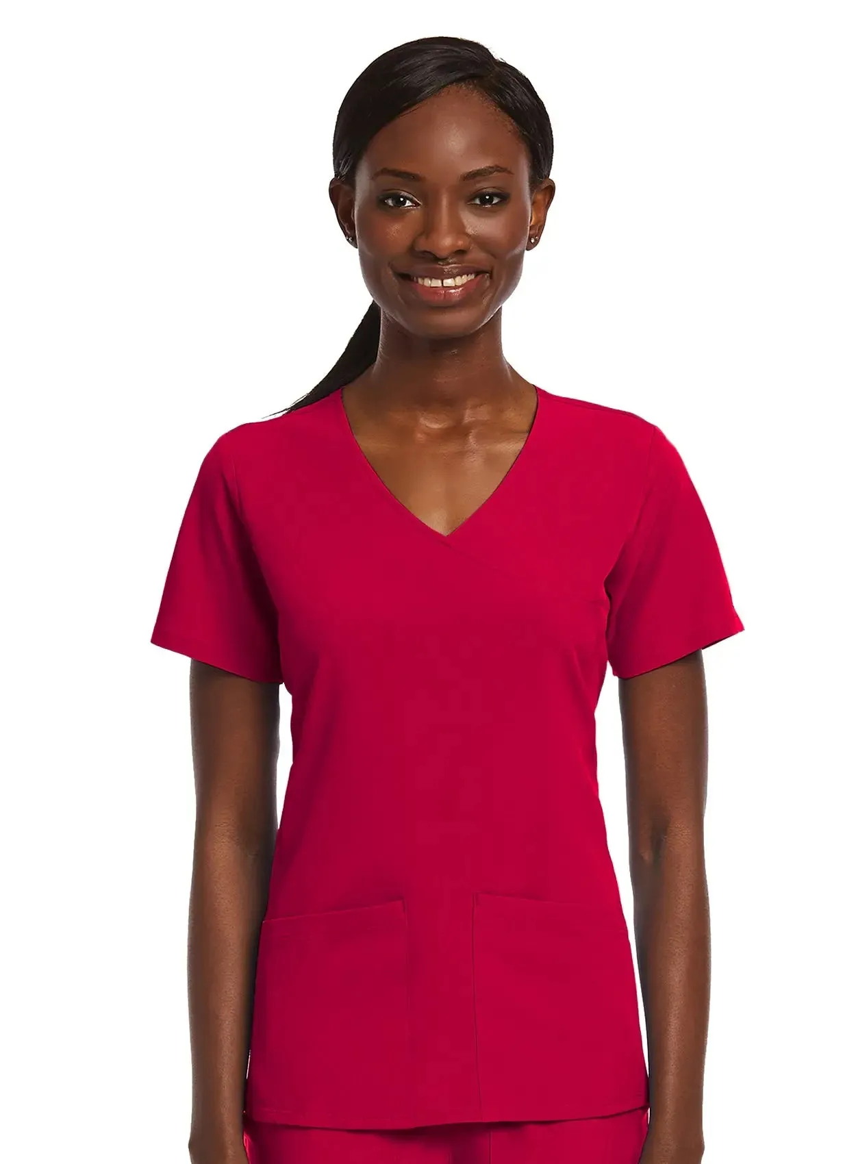 Maevn Knit Panel Mock Wrap Scrub Top