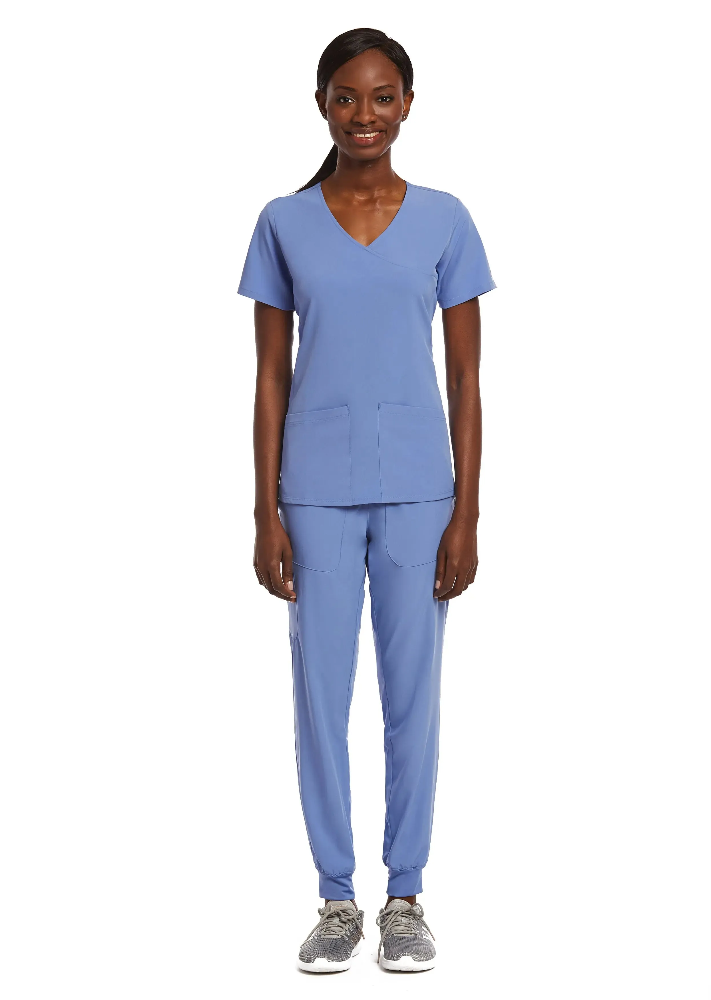 Maevn Knit Panel Mock Wrap Scrub Top