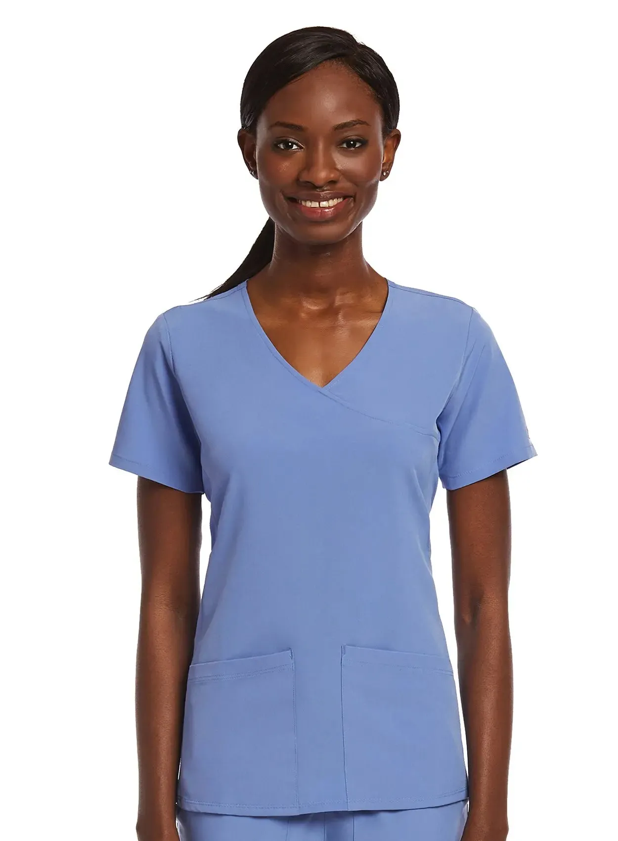 Maevn Knit Panel Mock Wrap Scrub Top