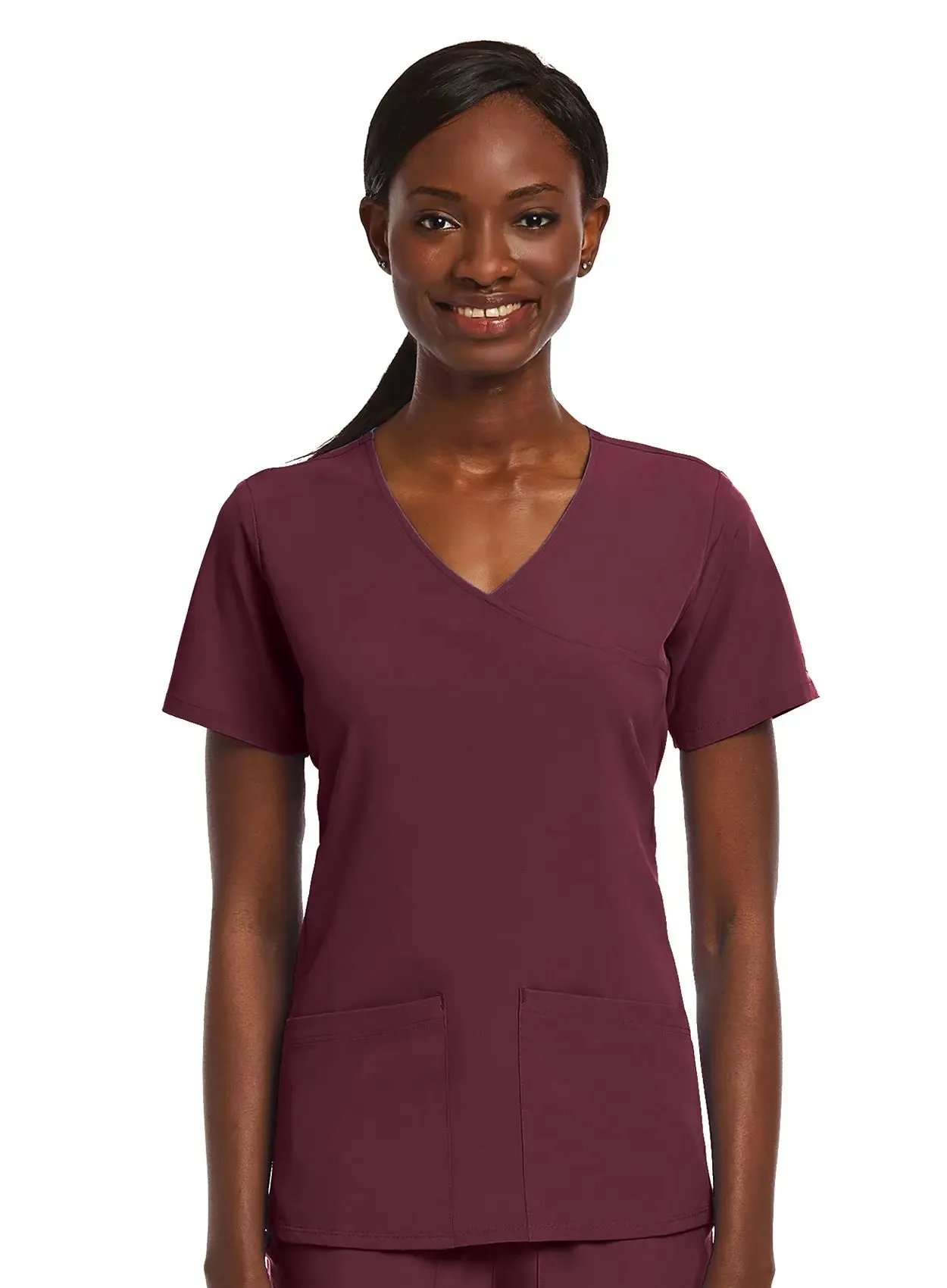 Maevn Knit Panel Mock Wrap Scrub Top
