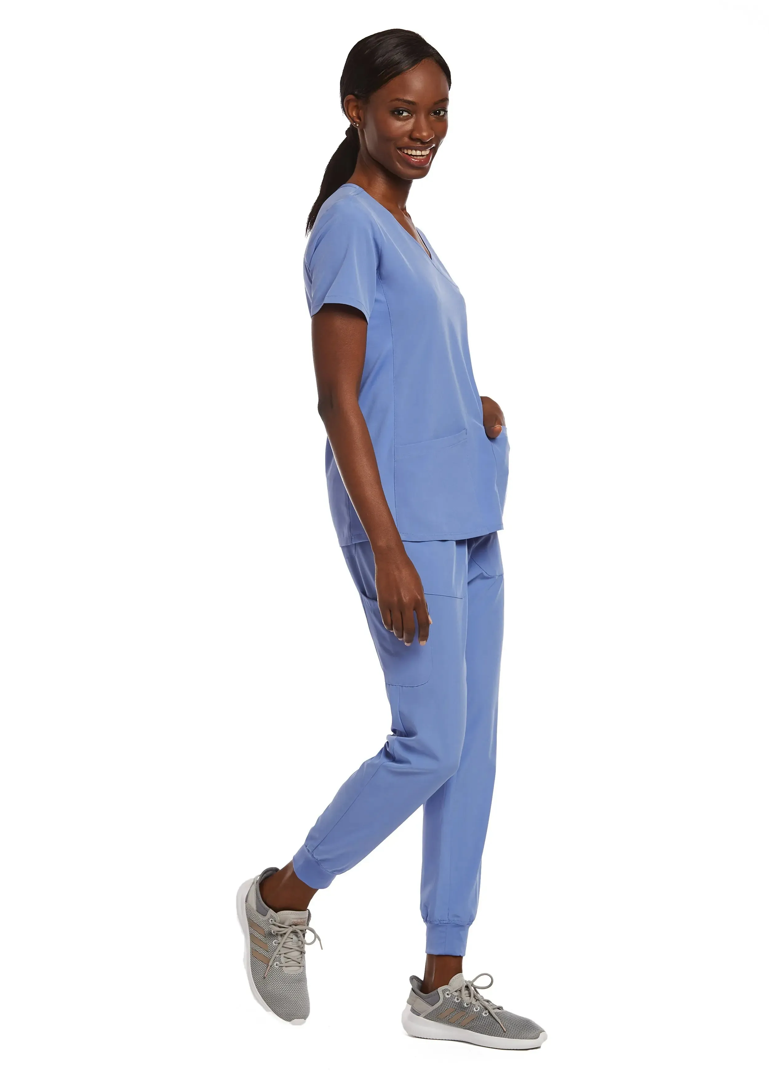 Maevn Knit Panel Mock Wrap Scrub Top