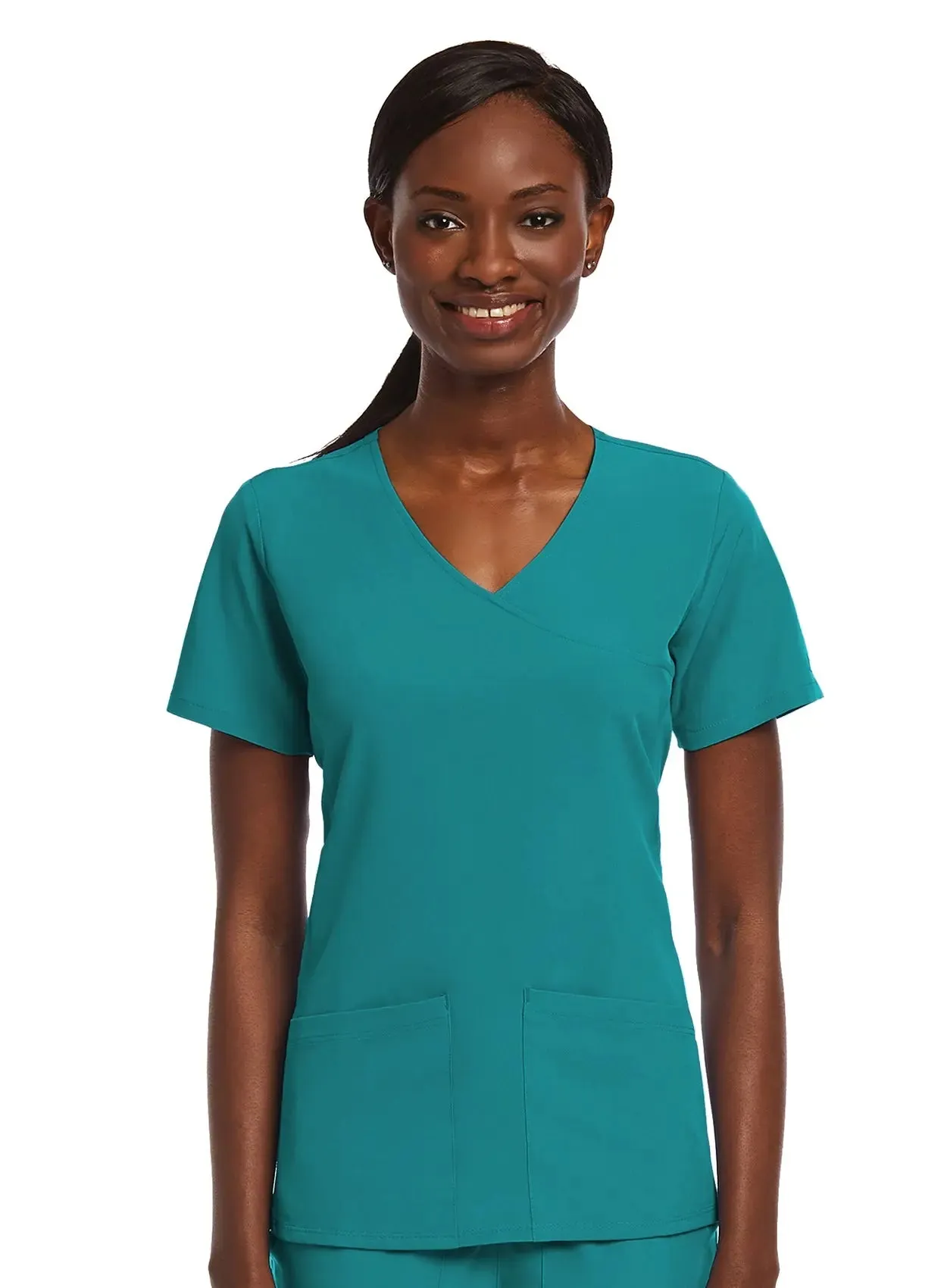 Maevn Knit Panel Mock Wrap Scrub Top