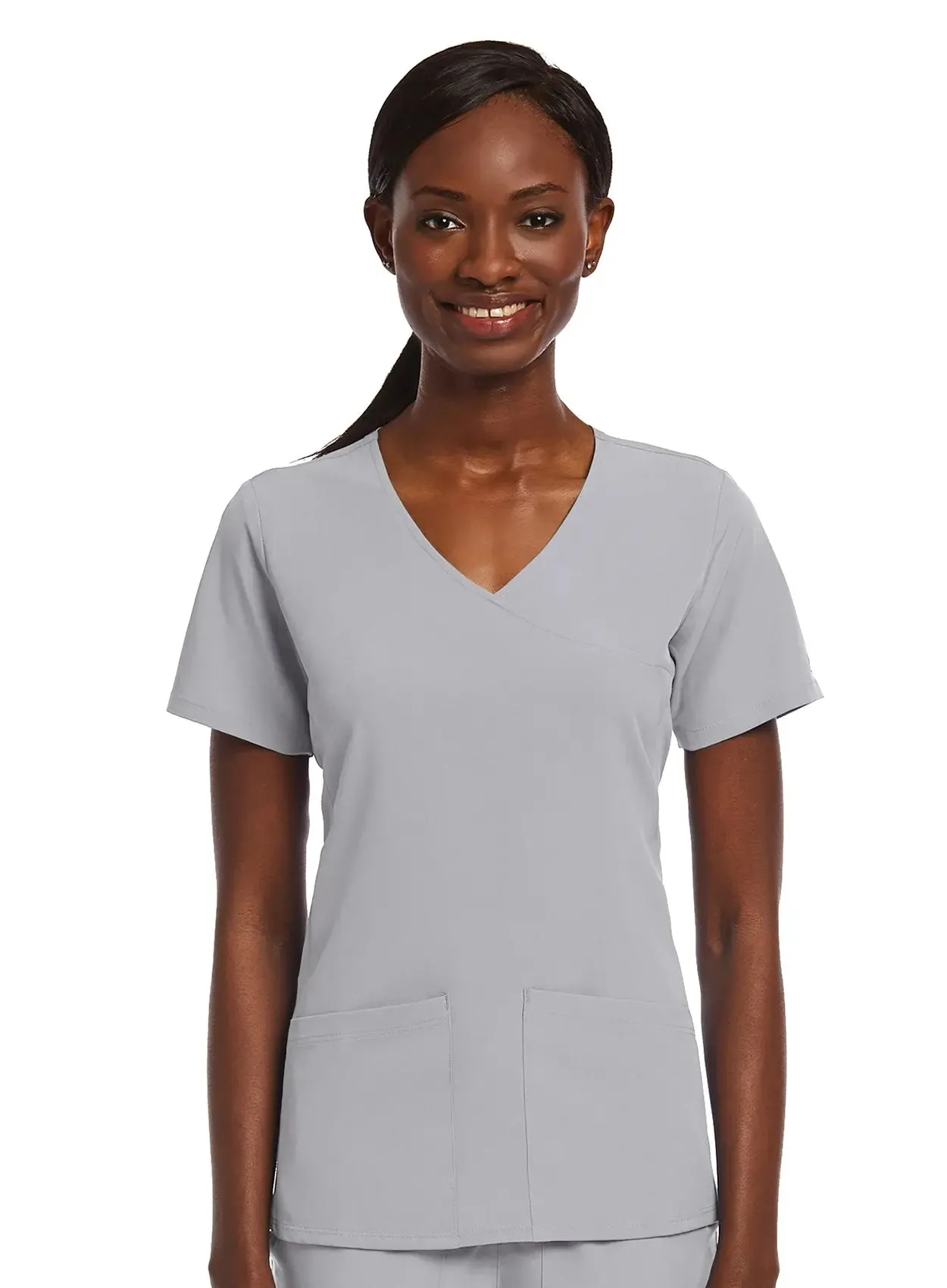 Maevn Knit Panel Mock Wrap Scrub Top
