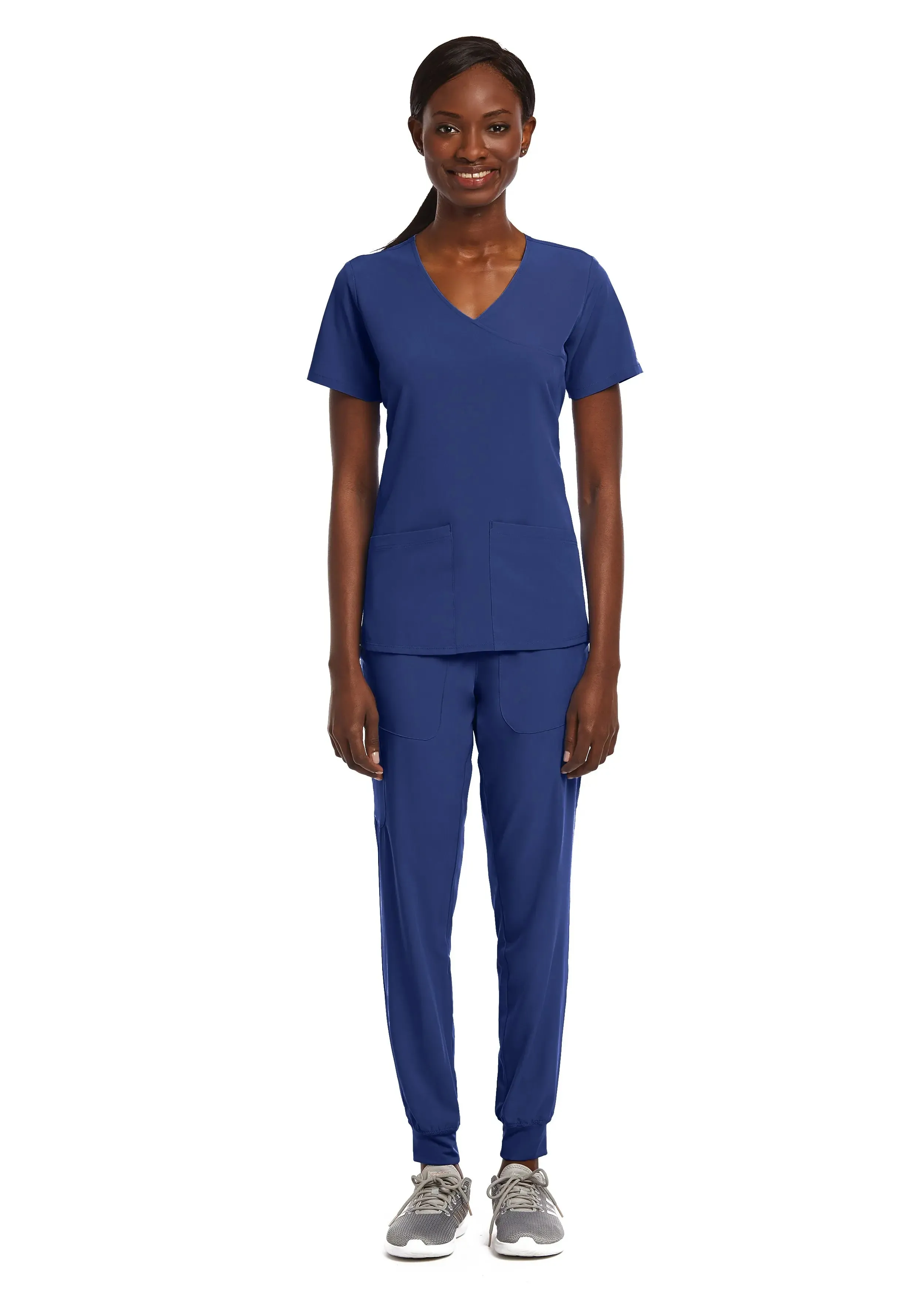 Maevn Knit Panel Mock Wrap Scrub Top