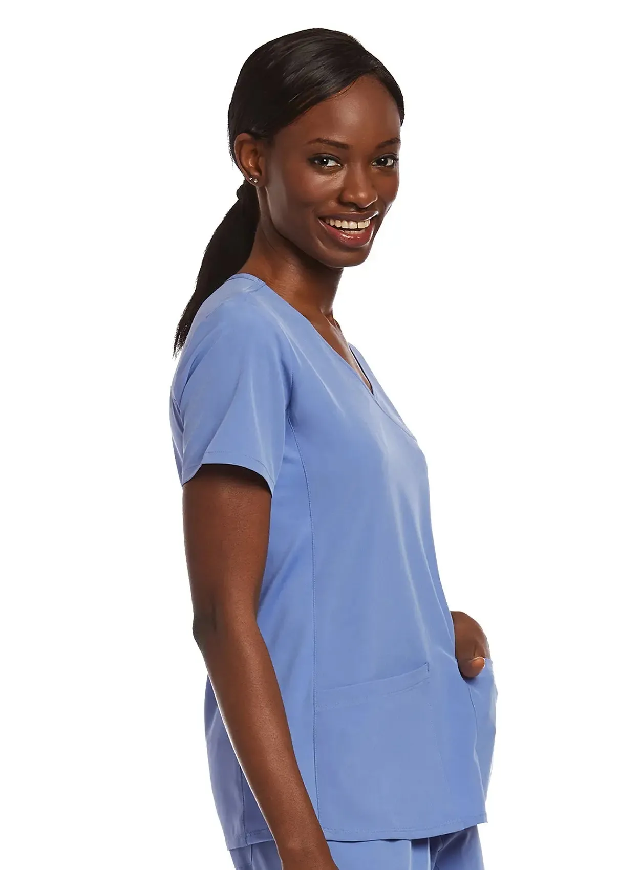 Maevn Knit Panel Mock Wrap Scrub Top
