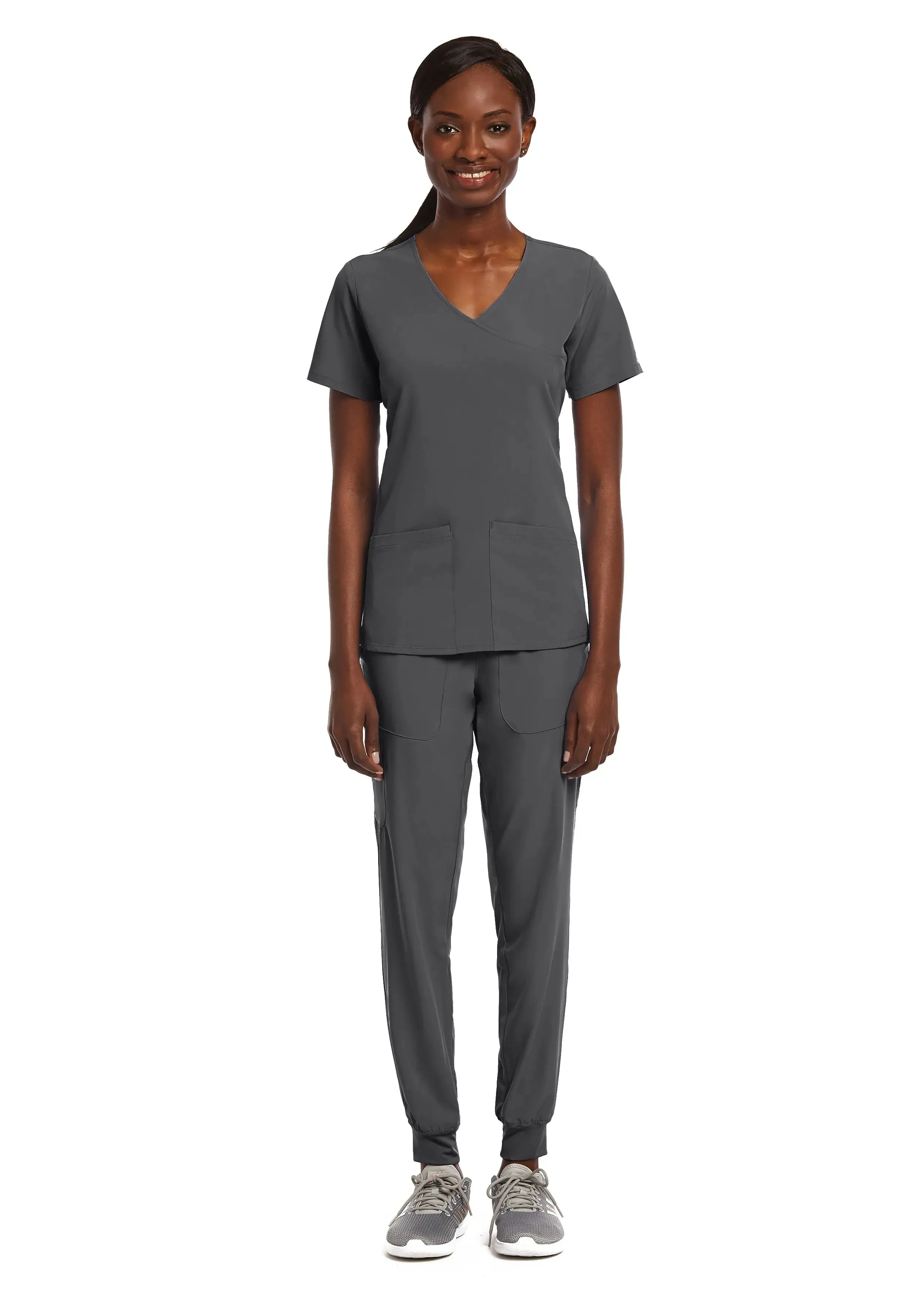 Maevn Knit Panel Mock Wrap Scrub Top