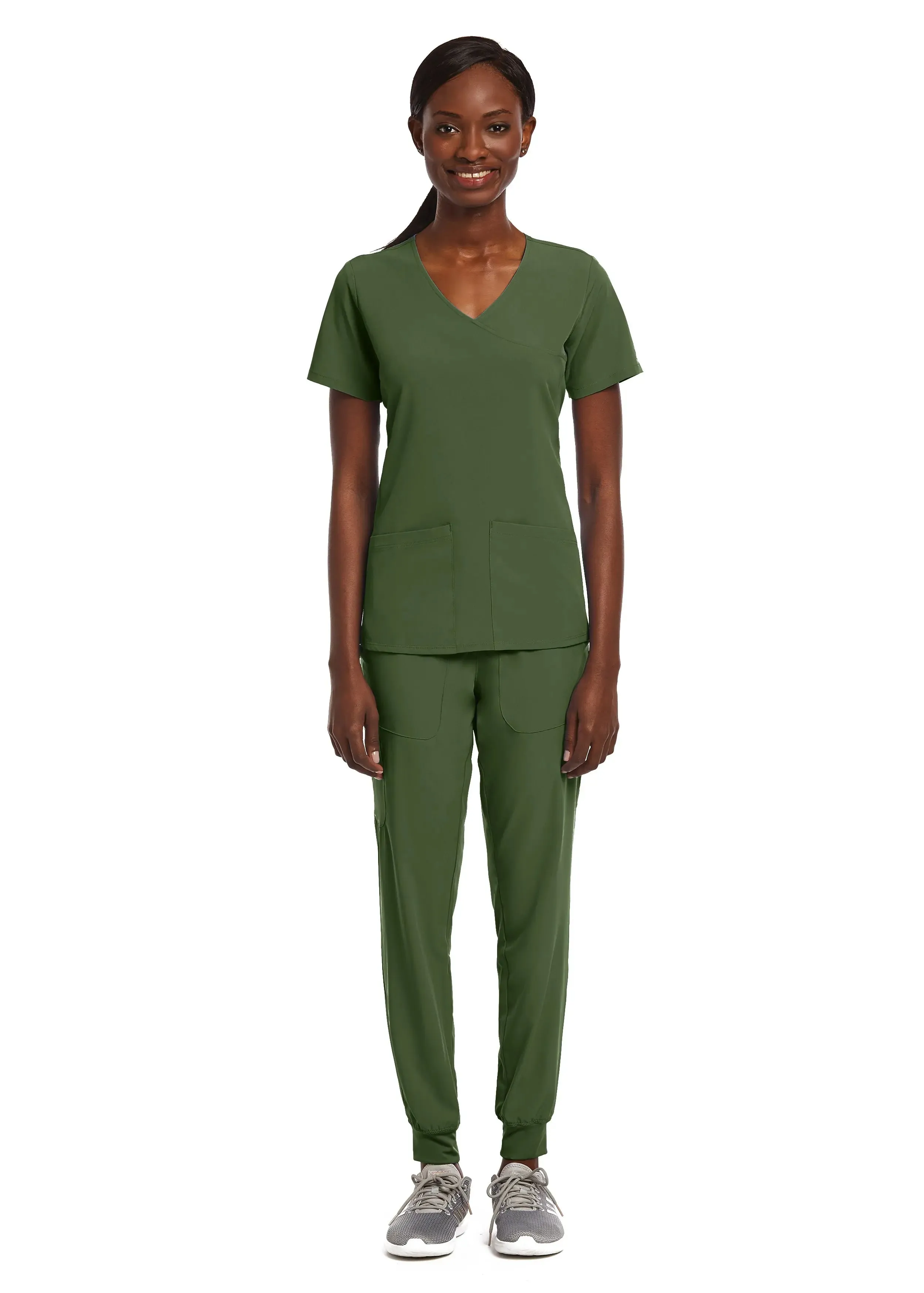 Maevn Knit Panel Mock Wrap Scrub Top