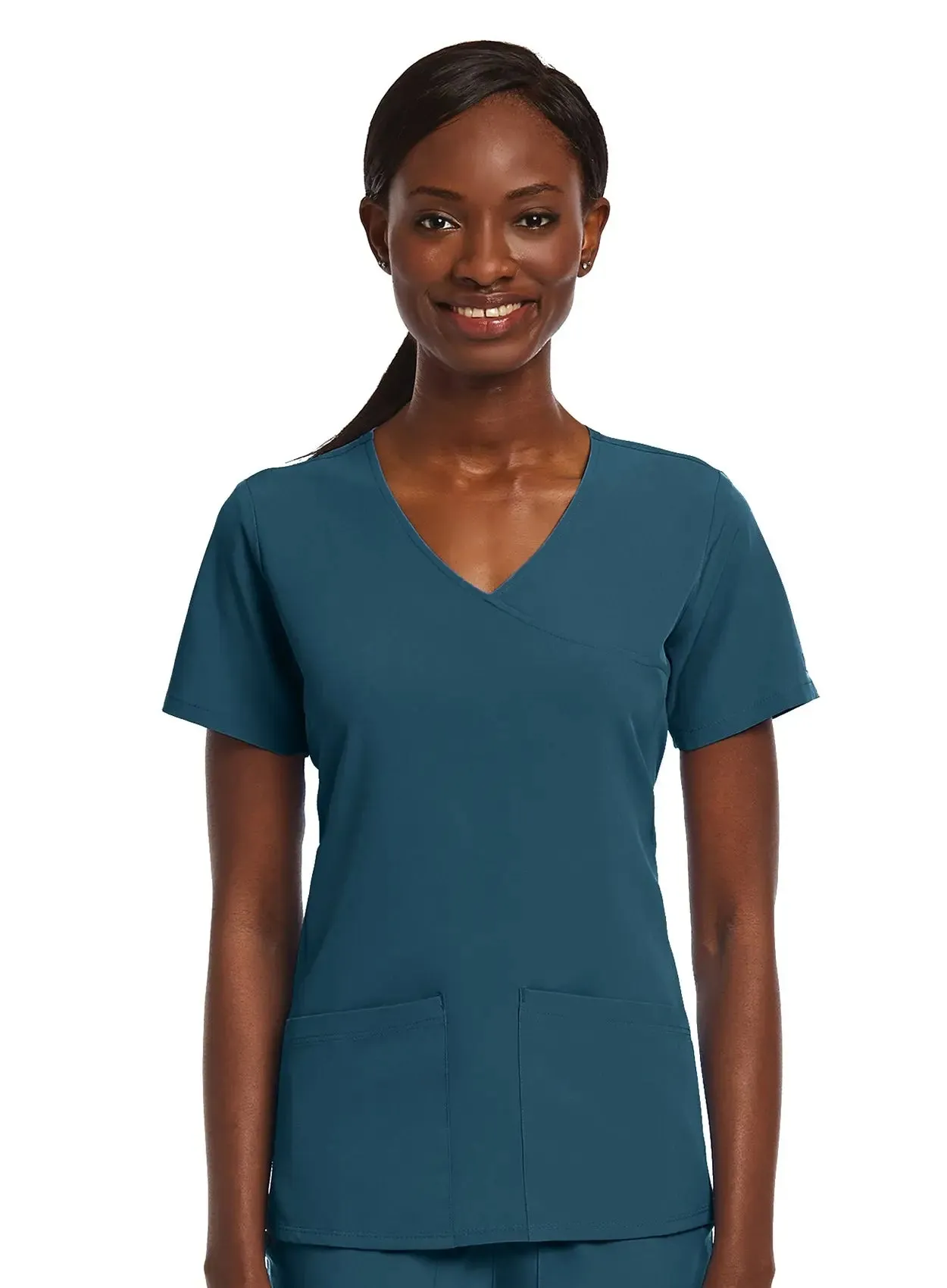 Maevn Knit Panel Mock Wrap Scrub Top