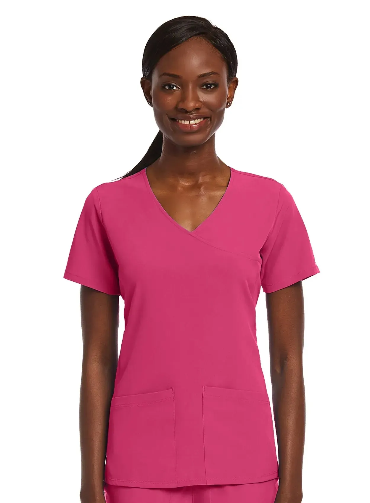 Maevn Knit Panel Mock Wrap Scrub Top