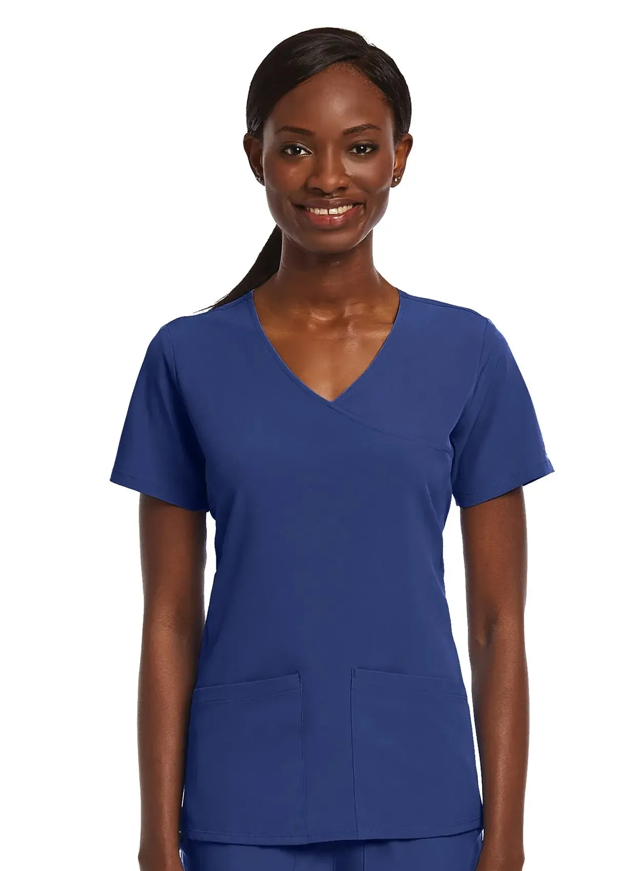 Maevn Knit Panel Mock Wrap Scrub Top
