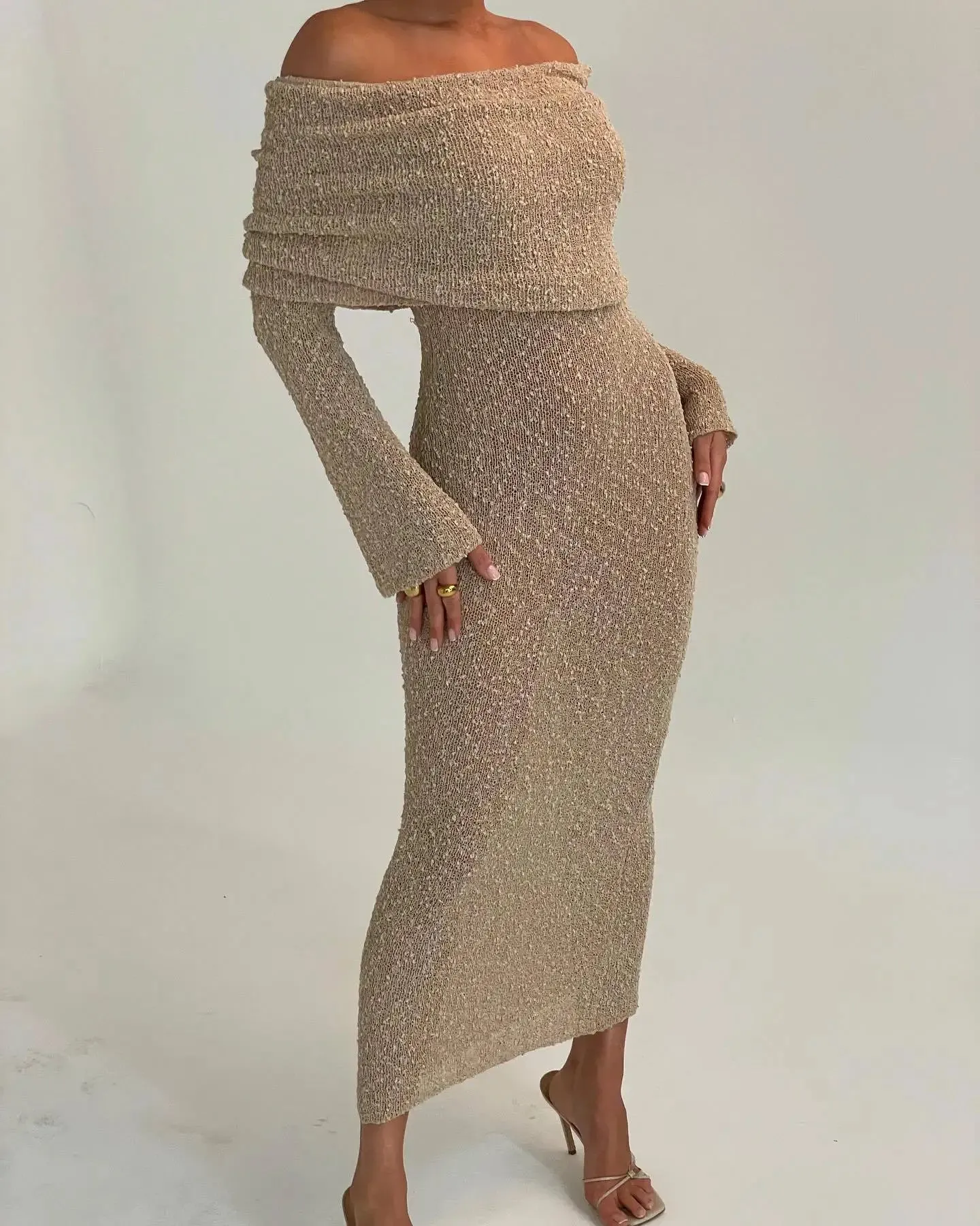 Open Shoulder Long Sleeve Knitwear Dress