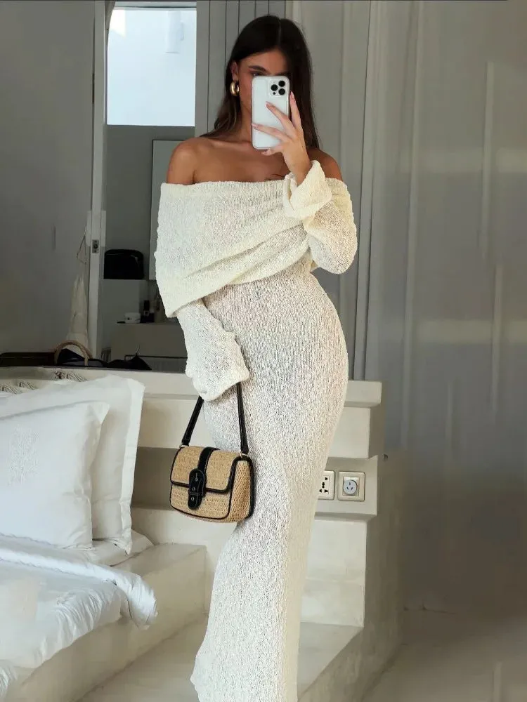 Open Shoulder Long Sleeve Knitwear Dress