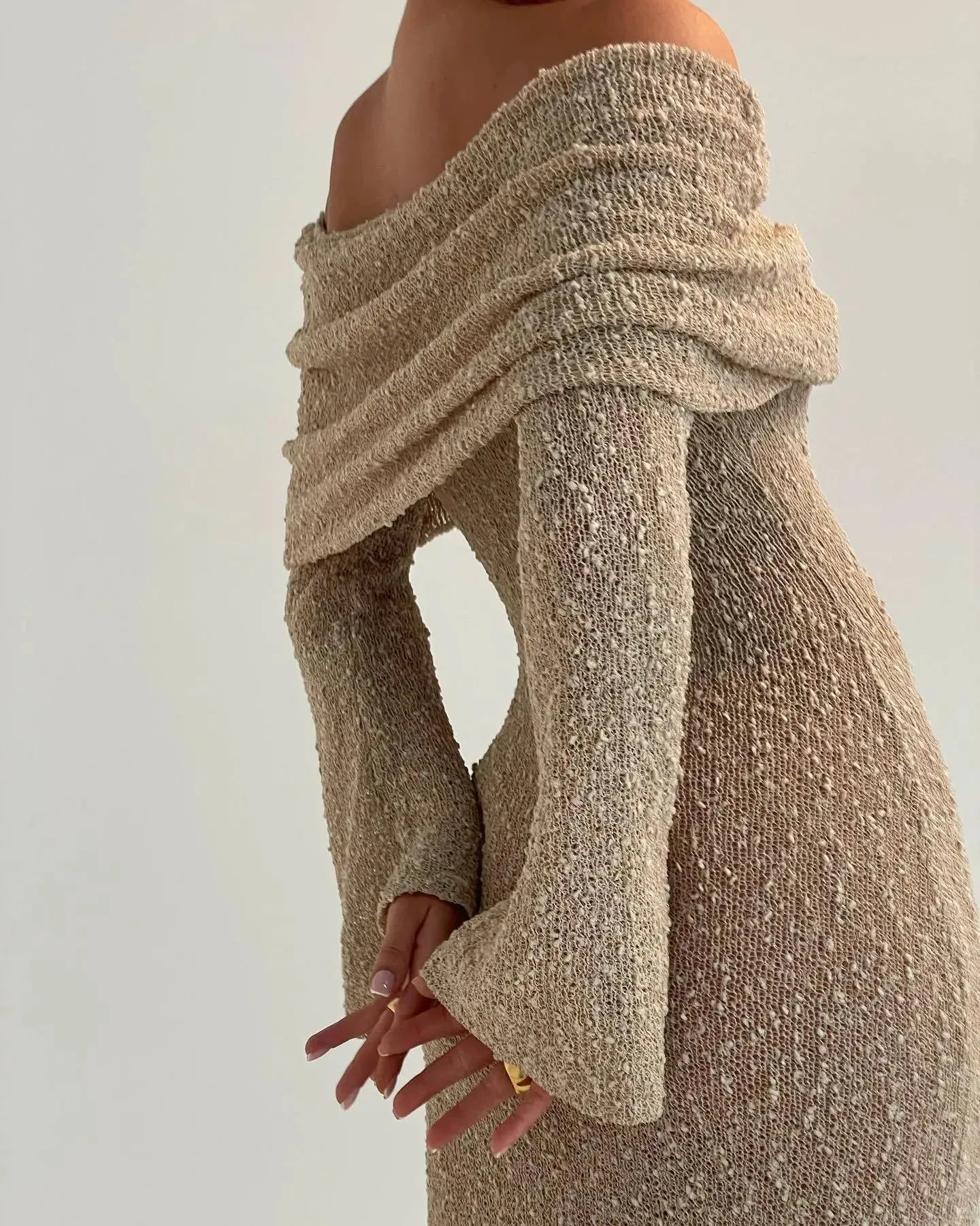 Open Shoulder Long Sleeve Knitwear Dress