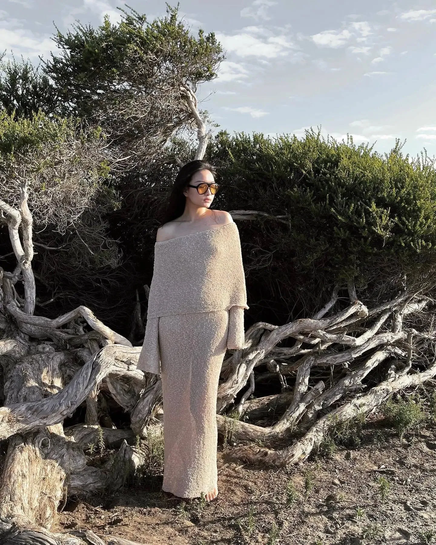 Open Shoulder Long Sleeve Knitwear Dress