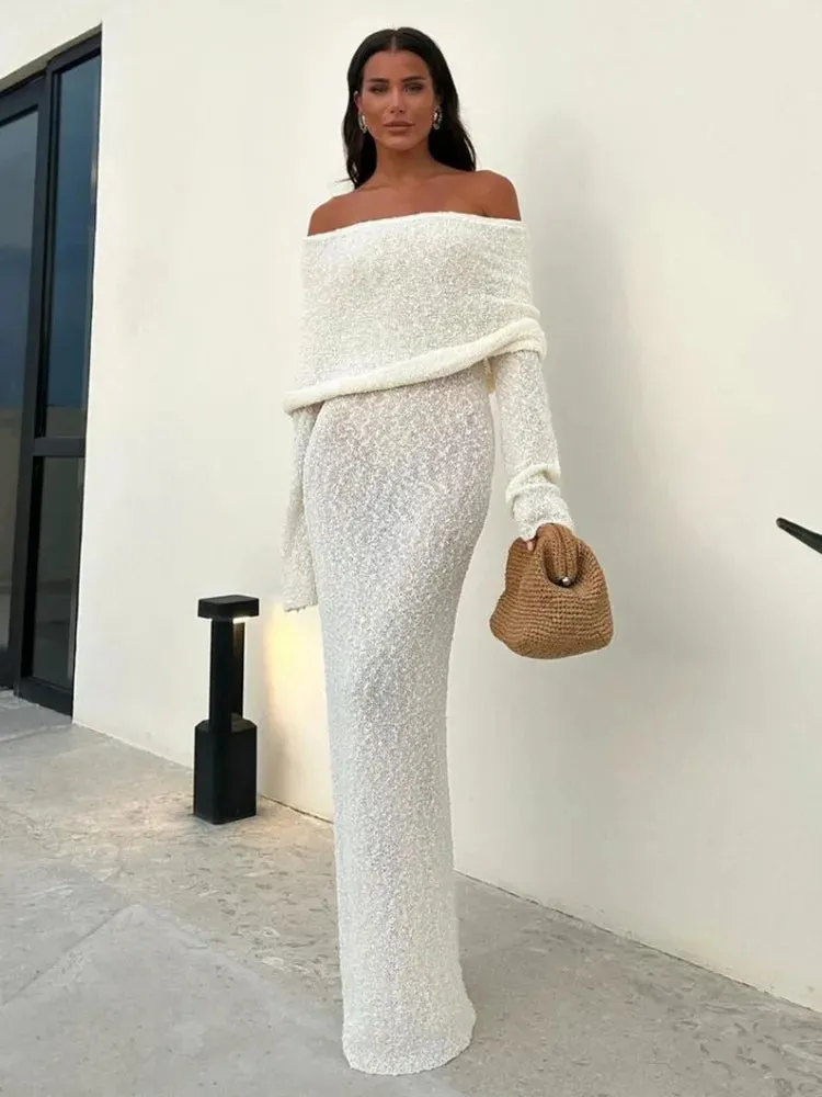 Open Shoulder Long Sleeve Knitwear Dress