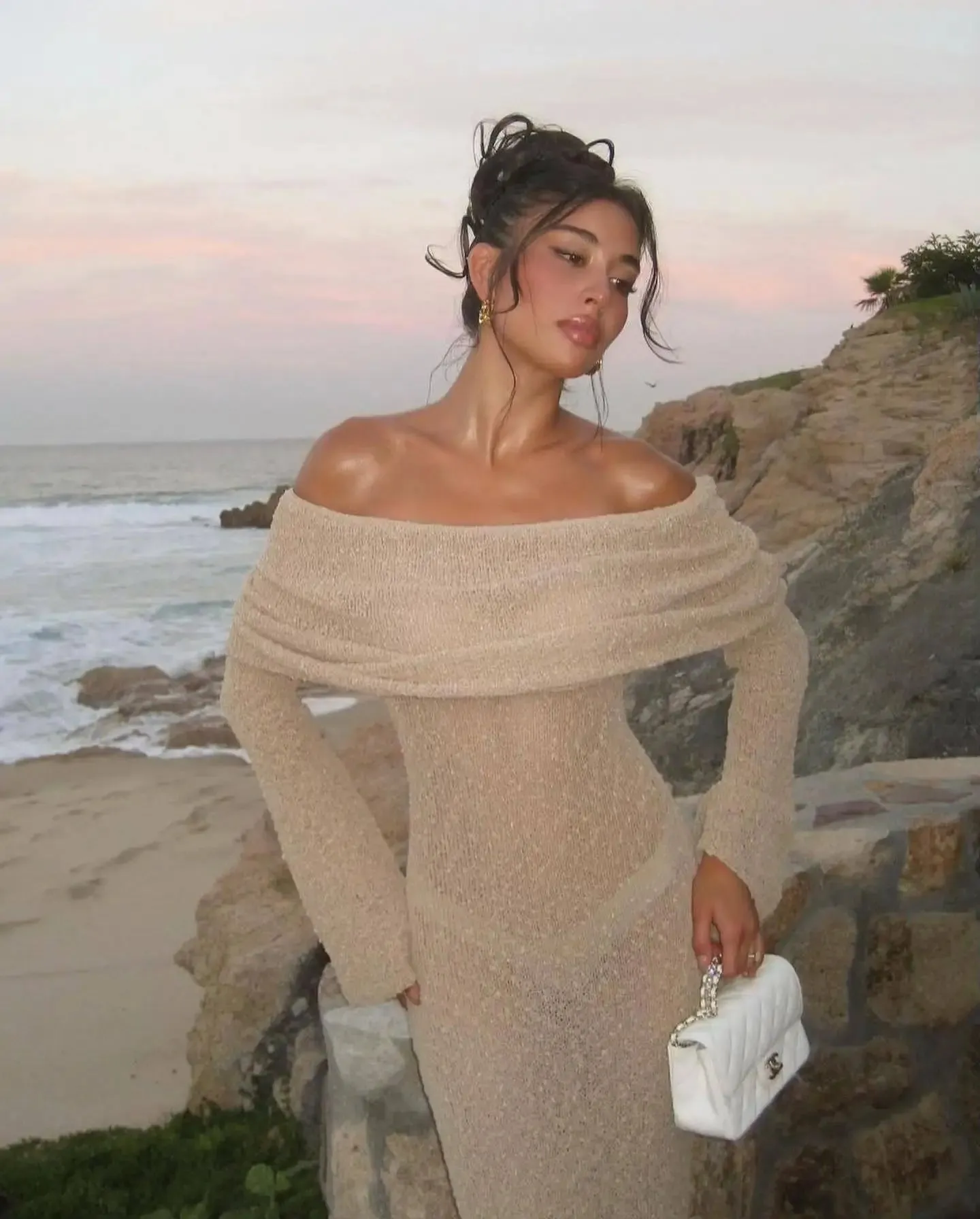 Open Shoulder Long Sleeve Knitwear Dress