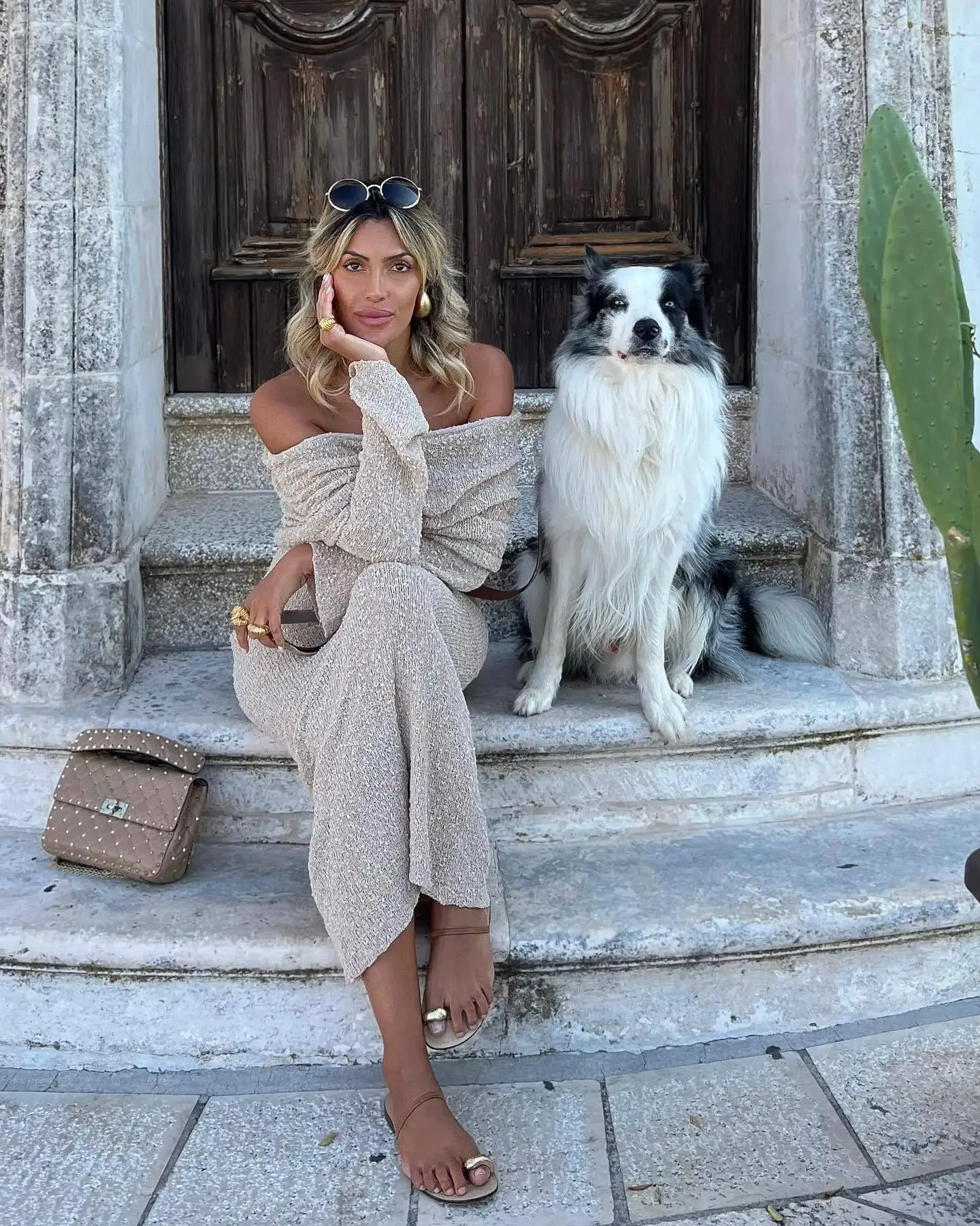 Open Shoulder Long Sleeve Knitwear Dress