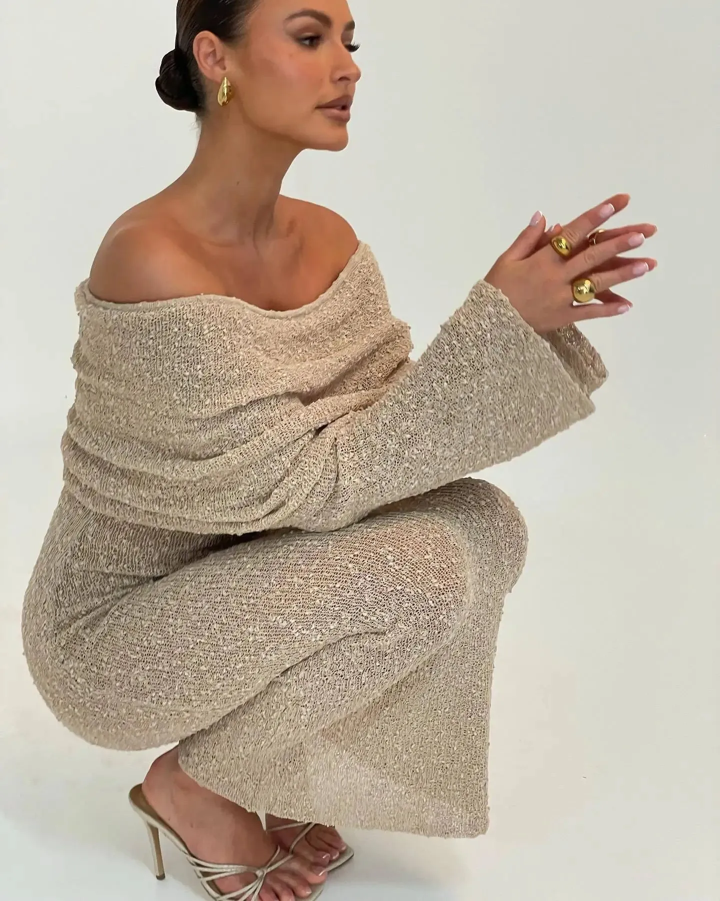 Open Shoulder Long Sleeve Knitwear Dress
