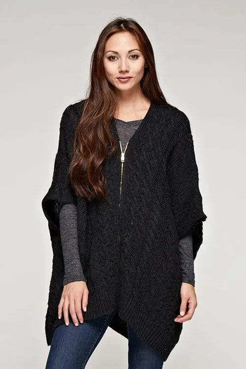 Oversized Cable Knit Zipper Front Poncho