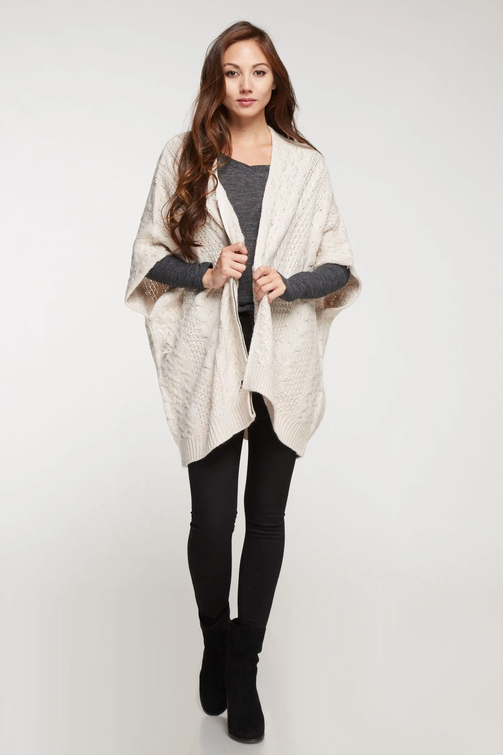 Oversized Cable Knit Zipper Front Poncho