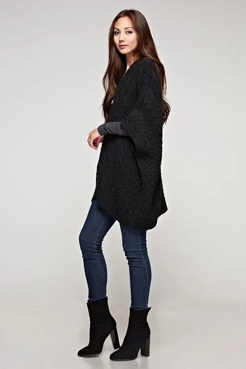 Oversized Cable Knit Zipper Front Poncho