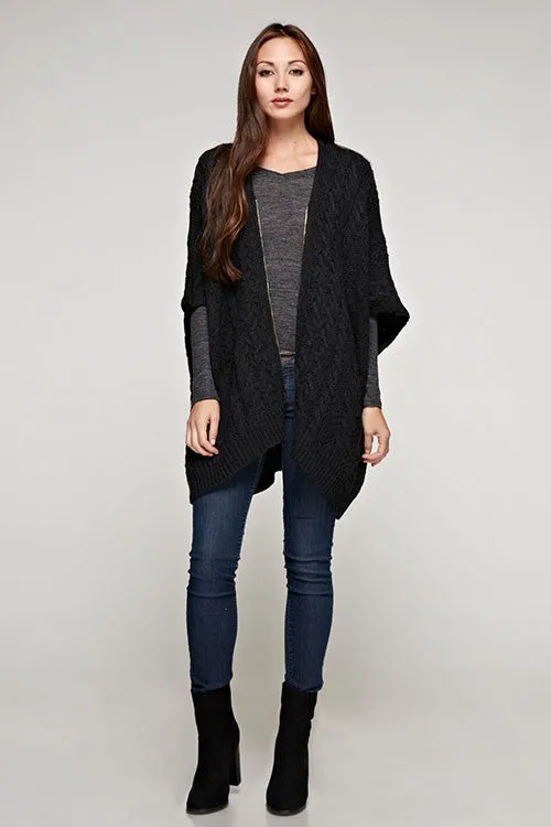 Oversized Cable Knit Zipper Front Poncho