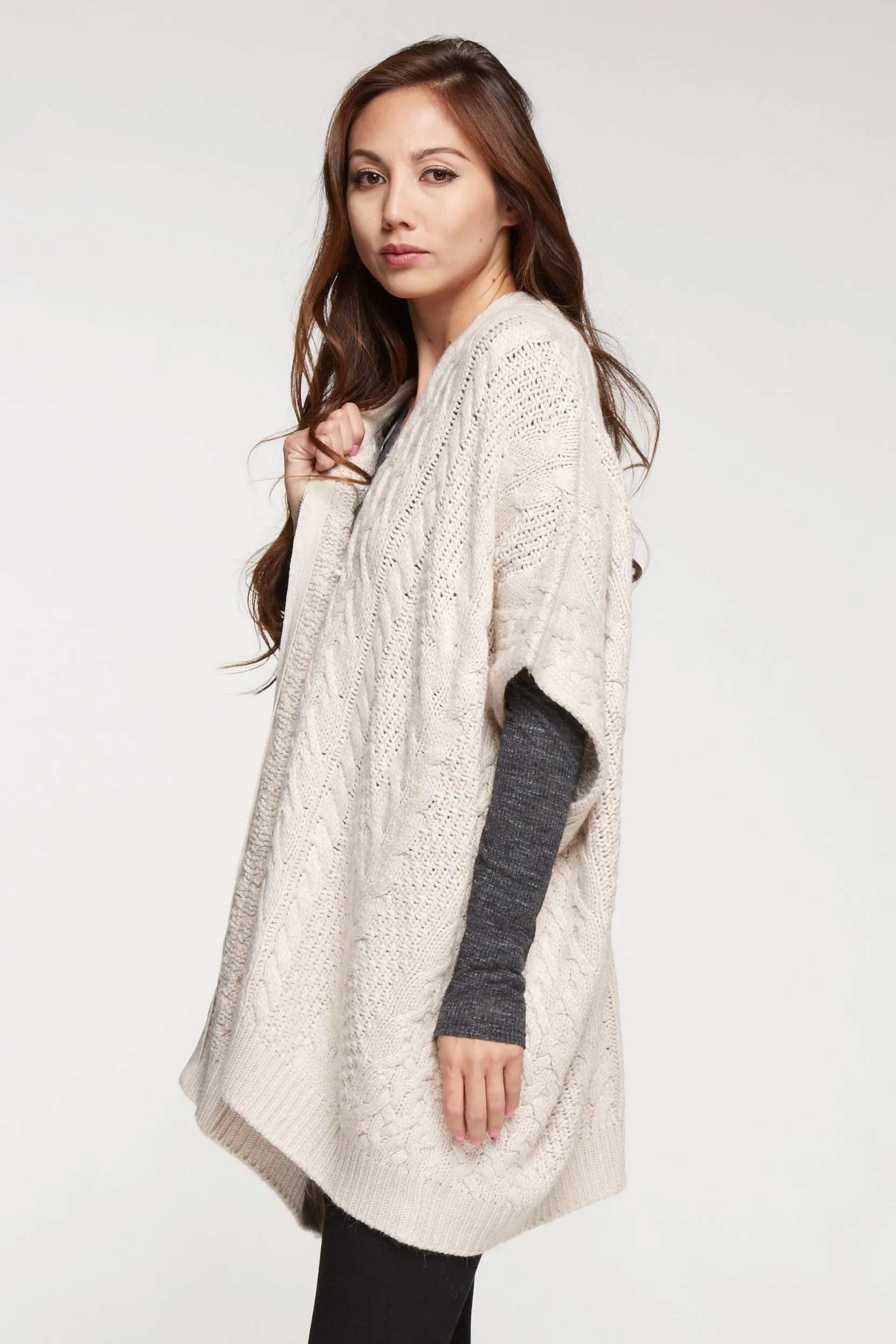 Oversized Cable Knit Zipper Front Poncho