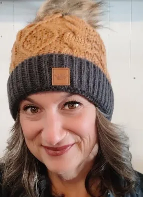Panache Camel & Dark Grey Cable Knit Pom Hat
