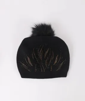 Pia Rossini Laurie Black Beanie Embellished Hat with Detachable Pom Pom