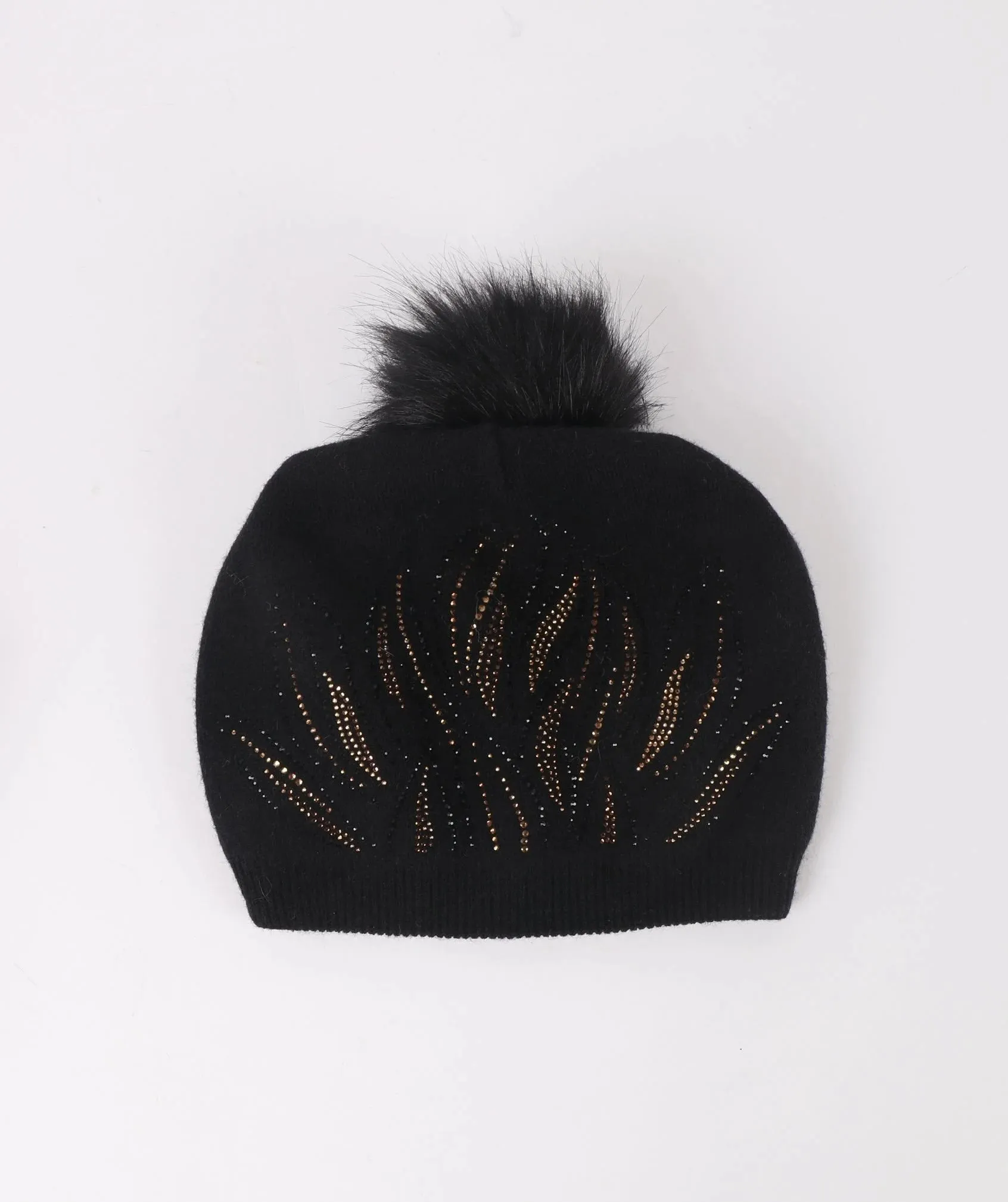 Pia Rossini Laurie Black Beanie Embellished Hat with Detachable Pom Pom